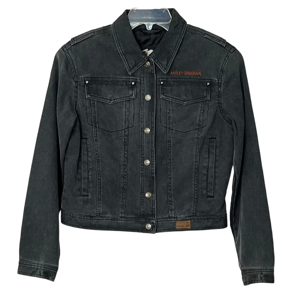 Harley Davidson Snap Front Cropped Moto Jacket  with Made in Milwaukee P… - Picture 2 of 16